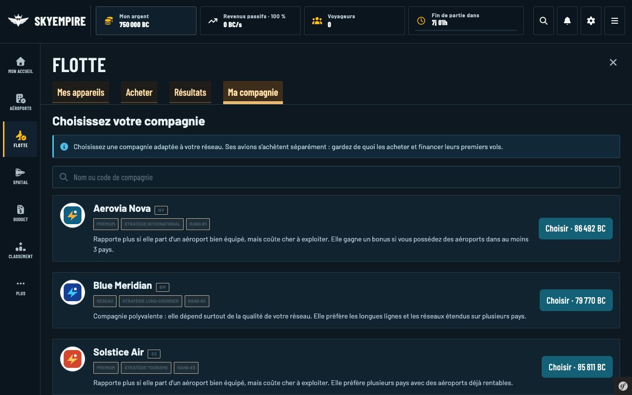 Catalogue Ma compagnie avec les profils Aerovia Nova, Blue Meridian et Solstice.