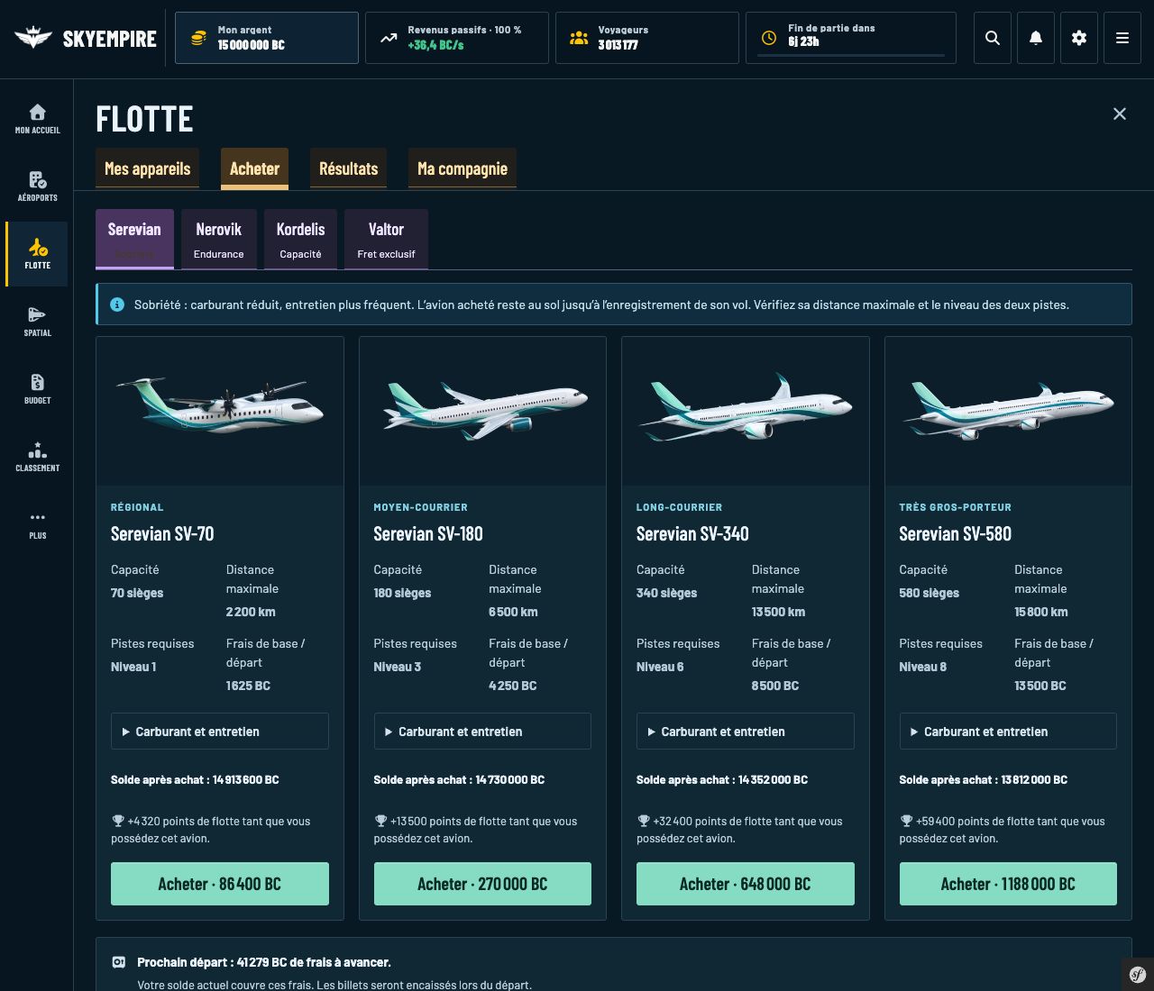 Catalogue Serevian : quatre avions avec leur portée, leurs coûts et le bouton Acheter.