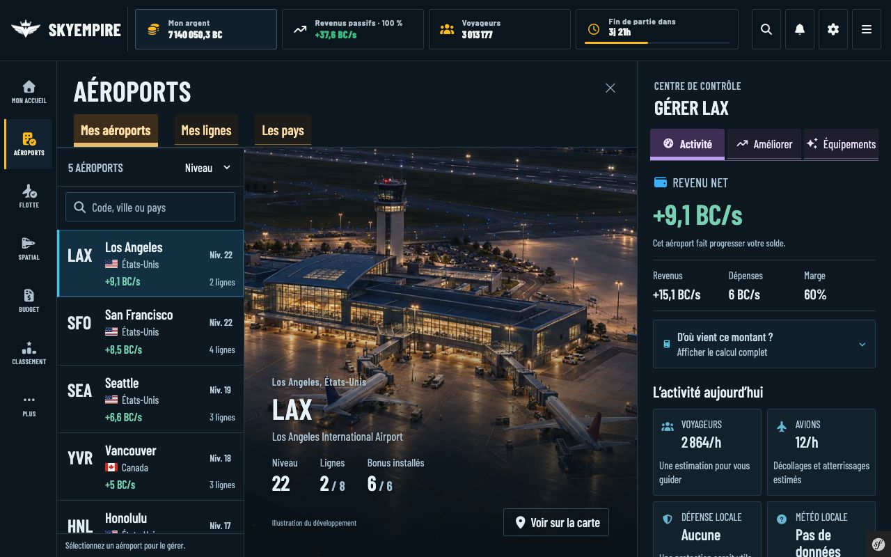 Aéroport de Los Angeles : liste du réseau à gauche, activité, améliorations et équipements à droite.