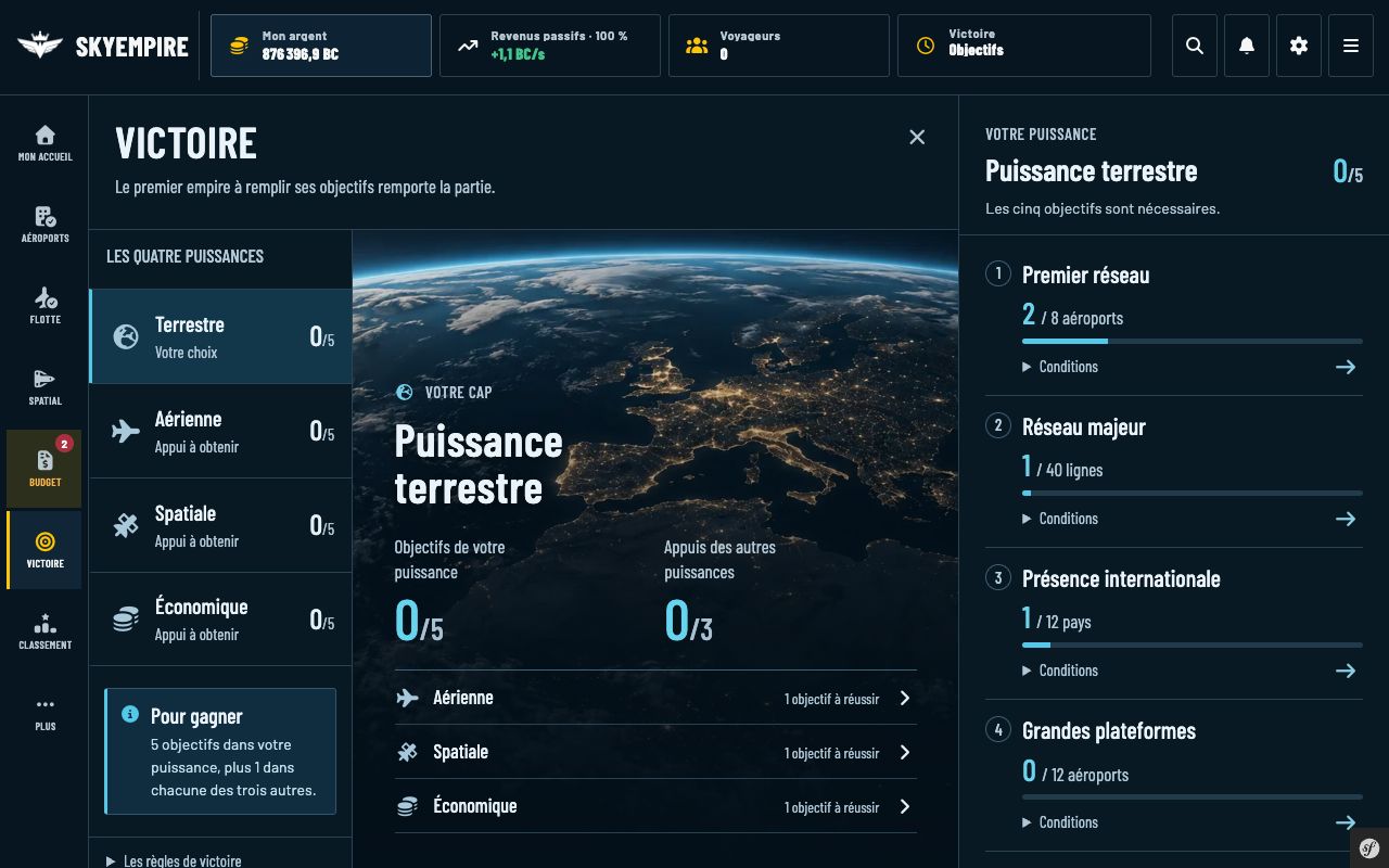 Victoire par objectifs : puissance terrestre choisie et progression des trois puissances de soutien.