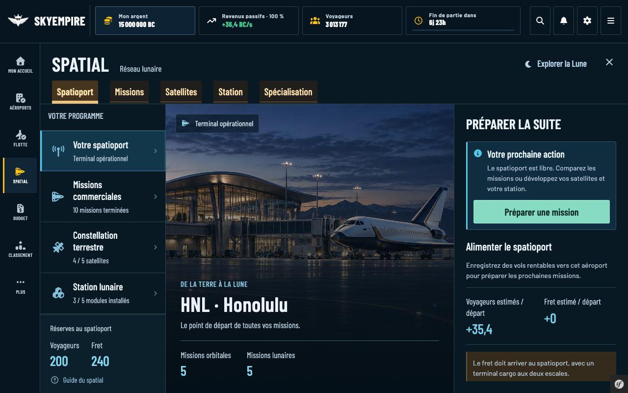 Spatioport de Honolulu avec réserves de voyageurs et de fret, missions terminées et bouton Préparer une mission.