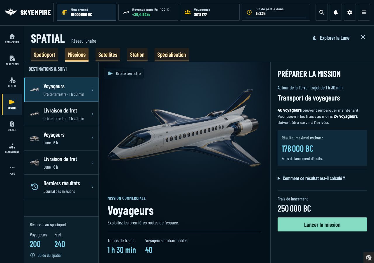 Mission orbitale voyageurs sélectionnée, avec clients disponibles, seuil de rentabilité et coût du lancement.