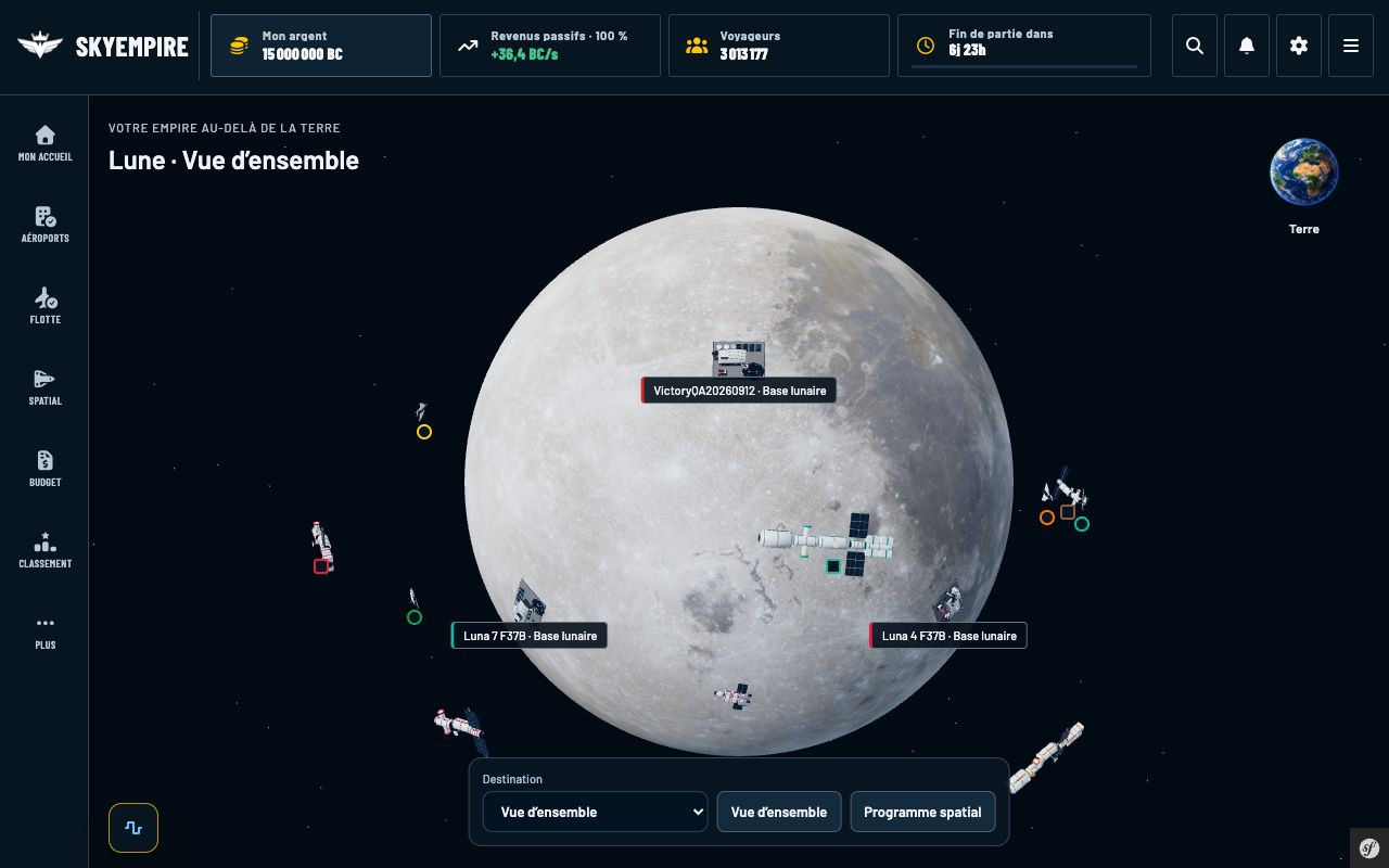 Globe lunaire avec bases et vaisseaux, petite Terre en haut à droite et sélecteur Destination en bas.