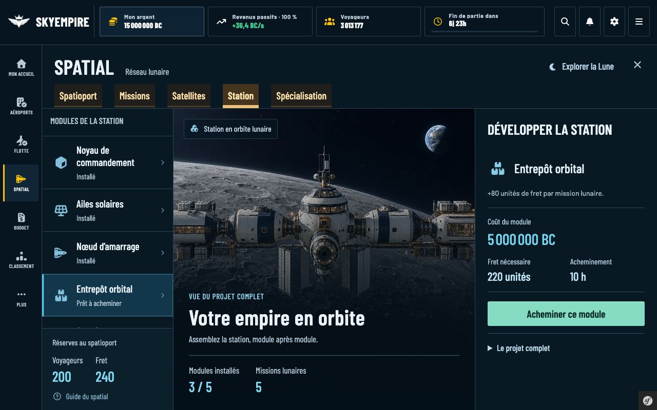 Station : trois modules installés, entrepôt orbital sélectionné avec coût, fret requis et durée d’acheminement.